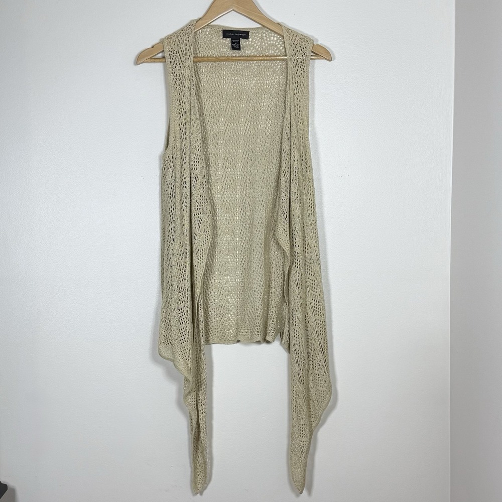 Linen Blend Boho Open Knit Cardigan Kimono Size S Beige Sleeveless Duster